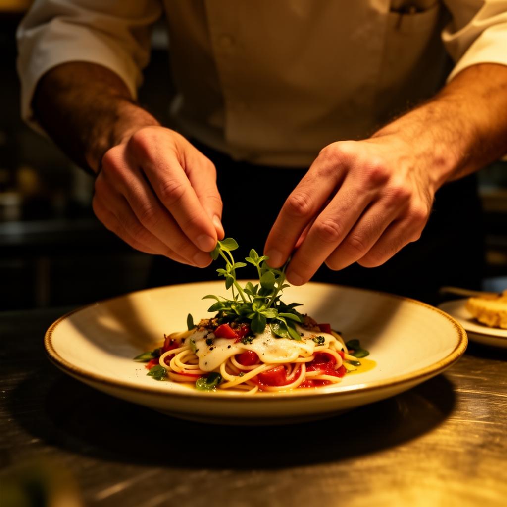 Chef plating an Italian dish